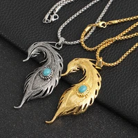 personality feather green stone necklace goldsilver plated retro long chain men women hip hop jewelry