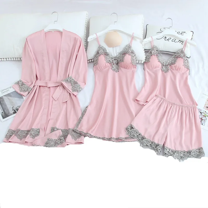 

4PCS Silk Satin Lace Sexy Lingerie Nightgowns Robes Sets for Women 2020 Summer Bathrobe Sleepwear Nightdress Night Dress Nighty