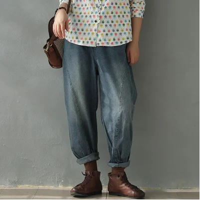 Весна 2020 джинсы с эластичной резинкой на талии свободные Ретро Женские