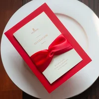 New 50pcs Chinese Red Invitation Cards Ribbon Design Insert Pearl Paper Inner Card Customized Personalized Color Printing