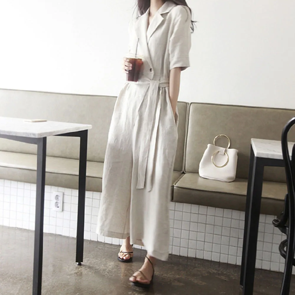 

2021 Fashion Jumpsuit Temperament Casual Loose Wide Leg Simple Elegant Belt High Waist Pocket Solid Color Lapel Summer