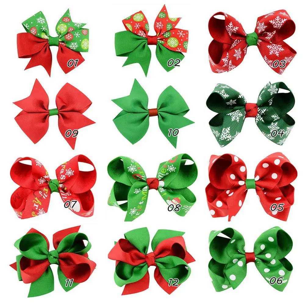 

24pcs/lot Christmas Hair Bows with 4.5cm clips Grosgrain Ribbon Bow Hairgrips Kids Christmas Printed Hair Bow Hair Accessories