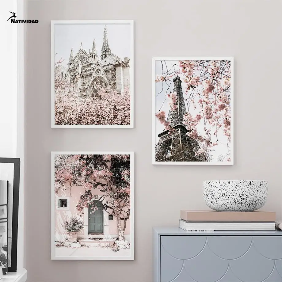 

Pink Flower Paris Tower Wall Art Canvas Painting Nordic Window Quote Posters and Prints Wall Picture for Living Room Home Decor