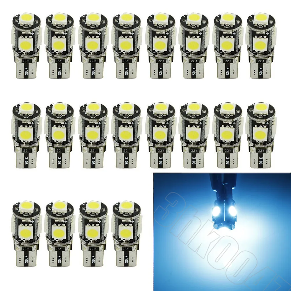 

20PCS Ice Blue T10 W5W 5050 5SMD LED Canbus Error Free Bulbs For 192 168 194 Clearance Lamps License Plate Lights 12V