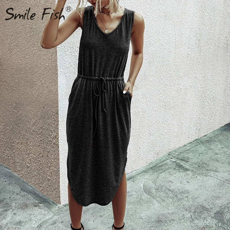 

Loose Tank Dresses Cotton Casual Pockets Solid V-neck Sundress Sleevesless Side Split Summer Women Basic Dress FashionG1541