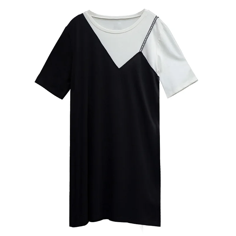 

Fake Two Piece Tshirt Dress Women Cotton Summer Midi Dress Thin with Single Letters Spaghetti Strap Patchwork Casual Vestidos