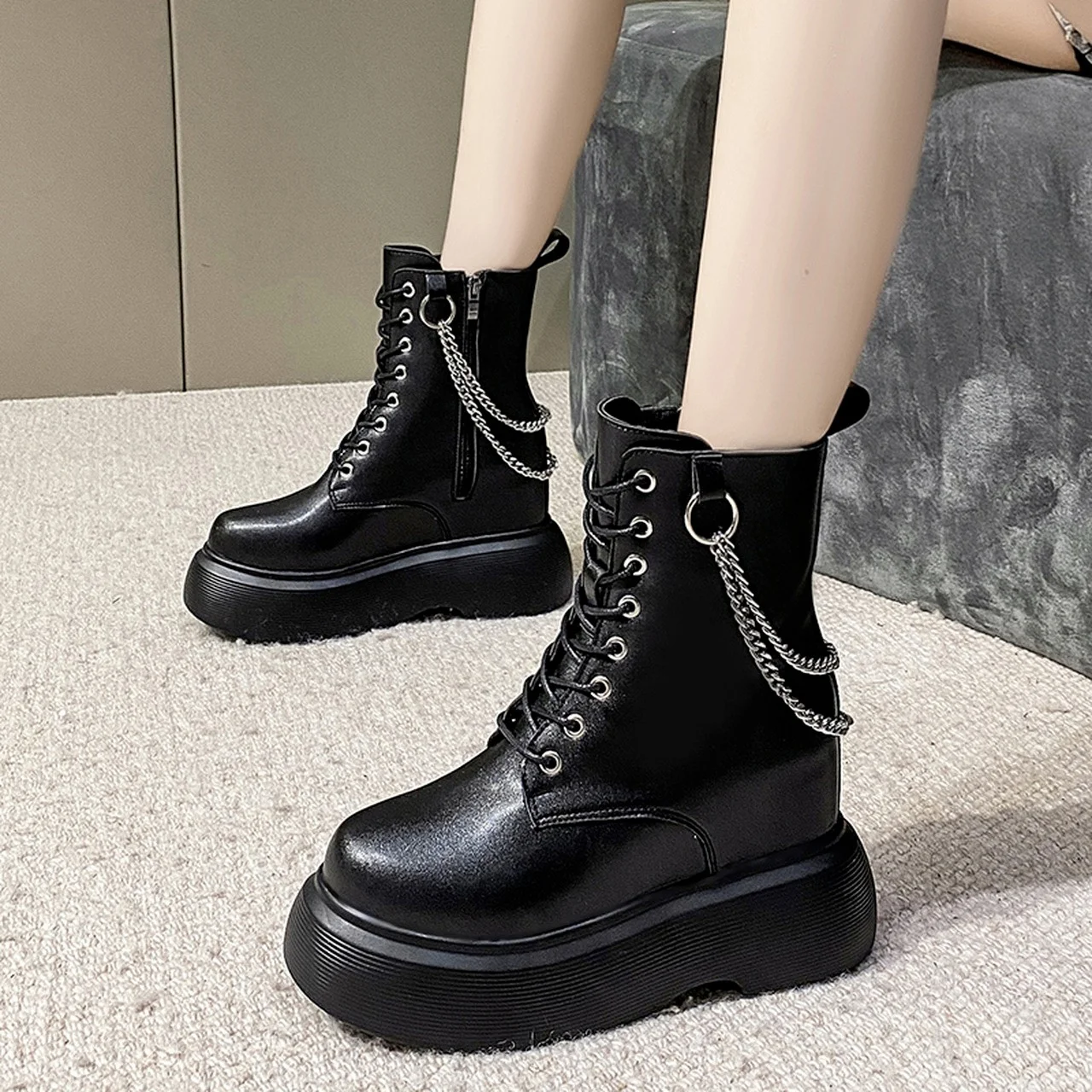 

Ботинки со шнуровкой спереди, на толстой подошве, черные, для осени и зимы, 2021