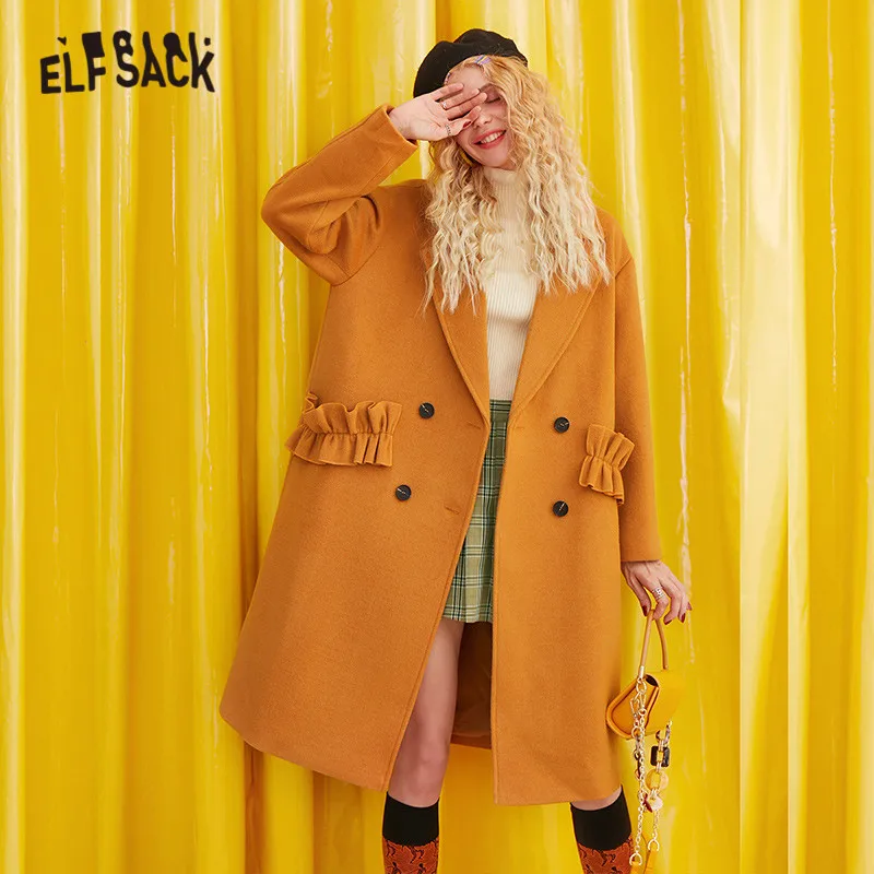 ELFSACK одноцветное с принтом Бетти прямое двубортное шерстяное пальто для женщин