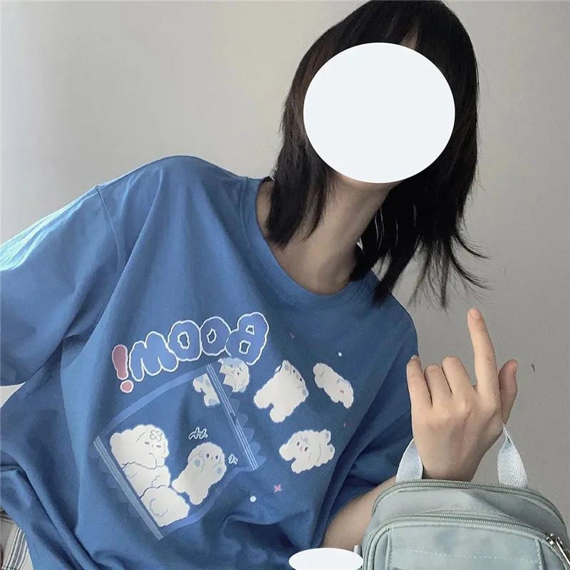 

O-neck Loose Cotton Oversize T Shirt Blue Cartoon Female Kawaii Short Sleeve Fashion Summer Funny Japan Dog Print T-Shirt Girl