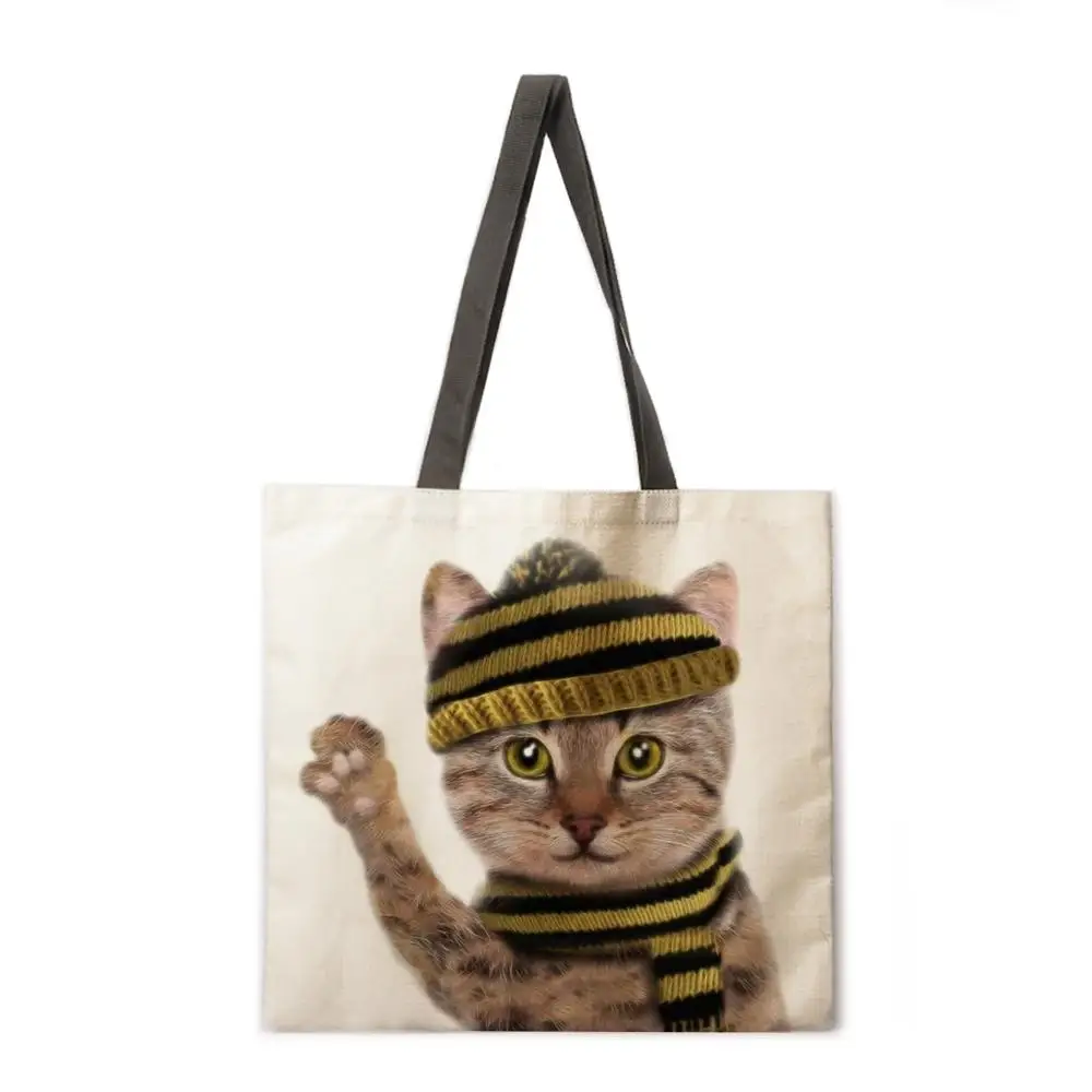 

Funny Cat Printed Tote Bag Shoulder Bag Linen Fabric Casual Tote Bag Foldable Shopping Bag Reusable Beach Bag