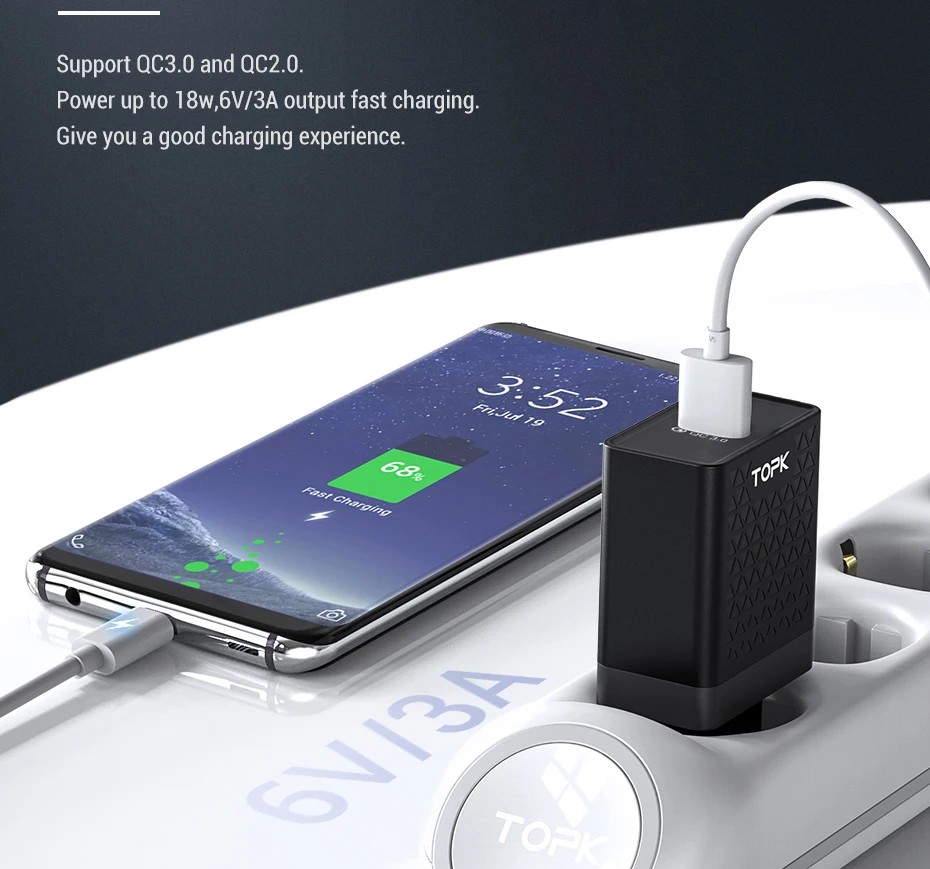 TOPK B154Q Quick Charge 3,0 USB зарядное устройство QC3.0 быстрое зарядное устройство USB зарядка для телефона адаптер с европейской вилкой для iPhone samsung Xiaomi huawei