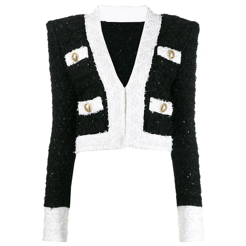 

socialite New latest wind short coat black and white and color matching of brief paragraph woollen jacket small coat