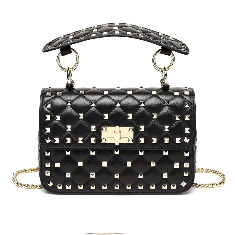 

Black Rivet Sheepskin Leather Luxury Designer Crossbody Bag Rhombus Chain Shoulder Bags for Women 2021