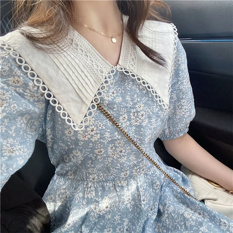 

Women Summer Short Sleeve Blue Elegant A-line Dress Ladys Vintage Ruffle Print Peter Pan Collar Dress Sweet Beach Vestido 2021