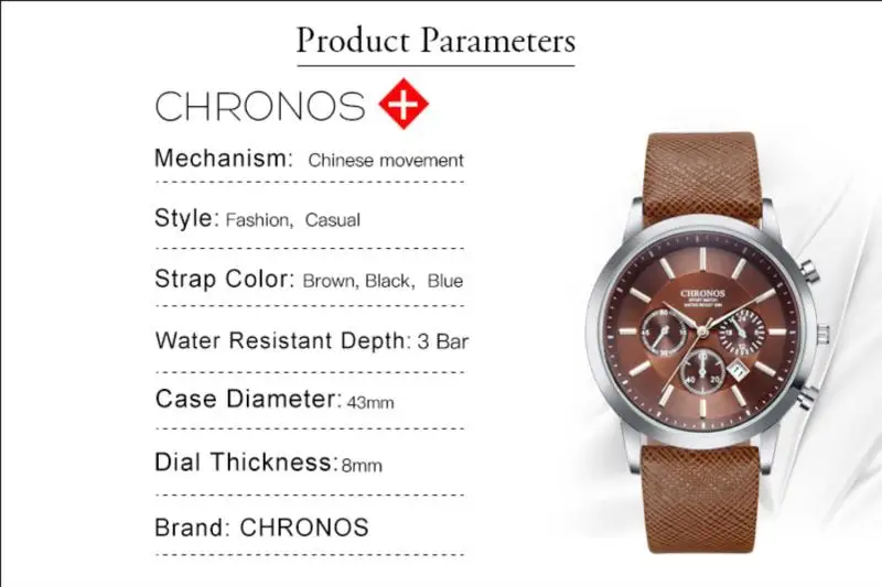 Мужские часы CHRONOS, мужские спортивные часы, мужские часы, Топ бренд, Роскошные мужские часы с календарем, кварцевые часы, reloj hombre