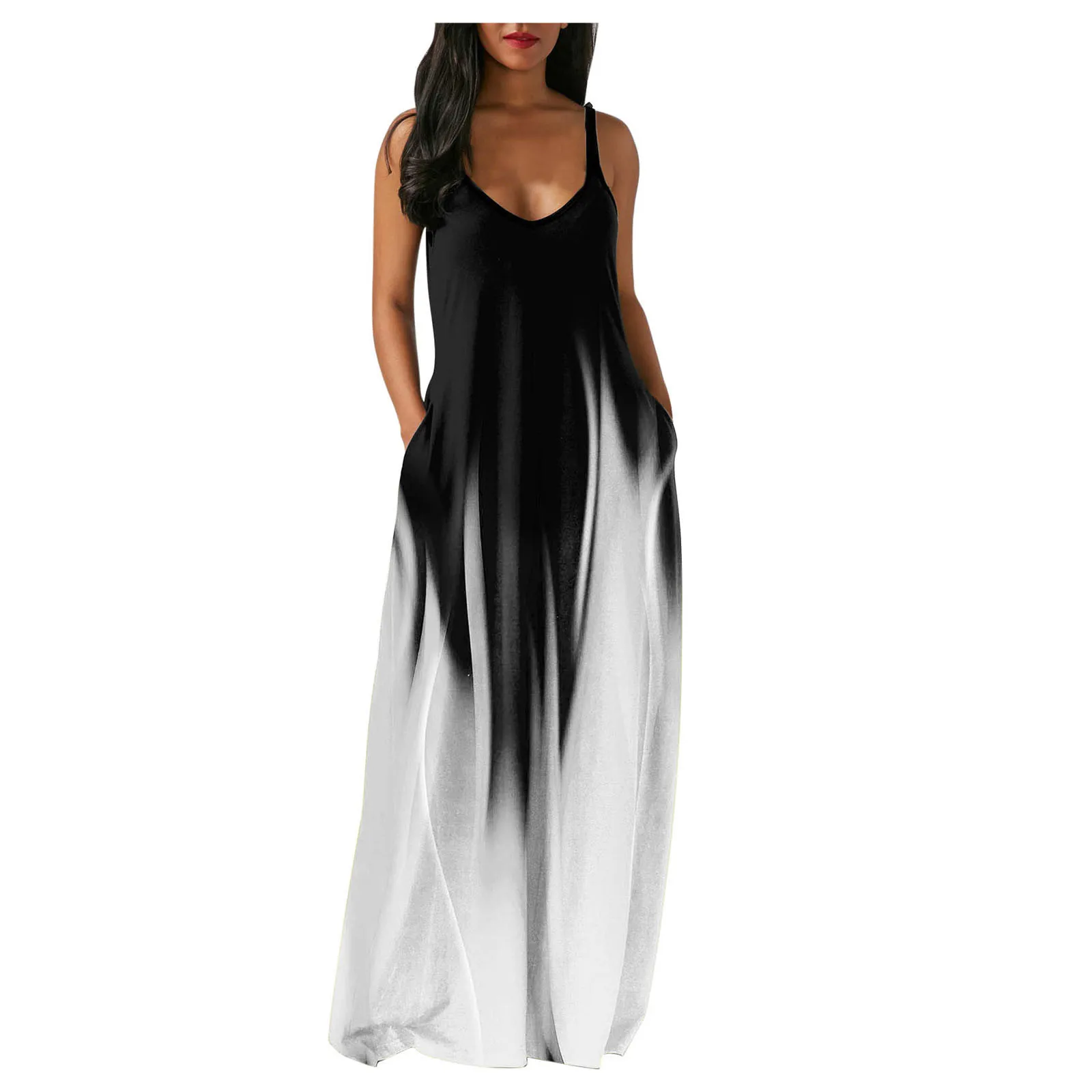 

Dress Women Patchwork Art Long Dress 2021 Geometric Sleeveless Summer Sundress V Neck Beach Dresses Women Casual Robe New #541