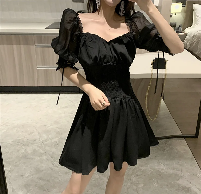 

2020 New Arrival Summer Gothic Girls Dress Black Women Short Sleeve Sexy Club Female Slash Neck A-Line Party Dresses
