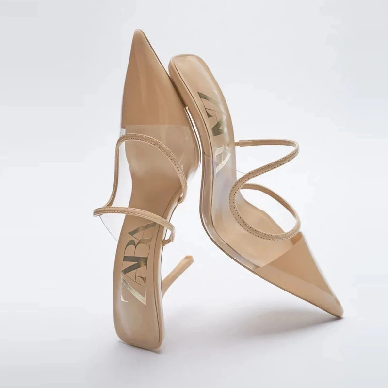 

ZA 2022 Heeled Sandals for Women Asymmetric Strap Transparent Upper Heels Female Spring Pointed Toe Sandals Slingbacks Shoes