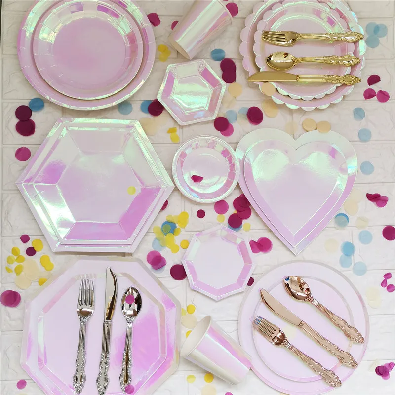 

Лазерный розовый набор одноразовой посуды, бумажная тарелка с рисунком влюбленных губ, бумажная чашка, товары для свадьбы, дня рождения