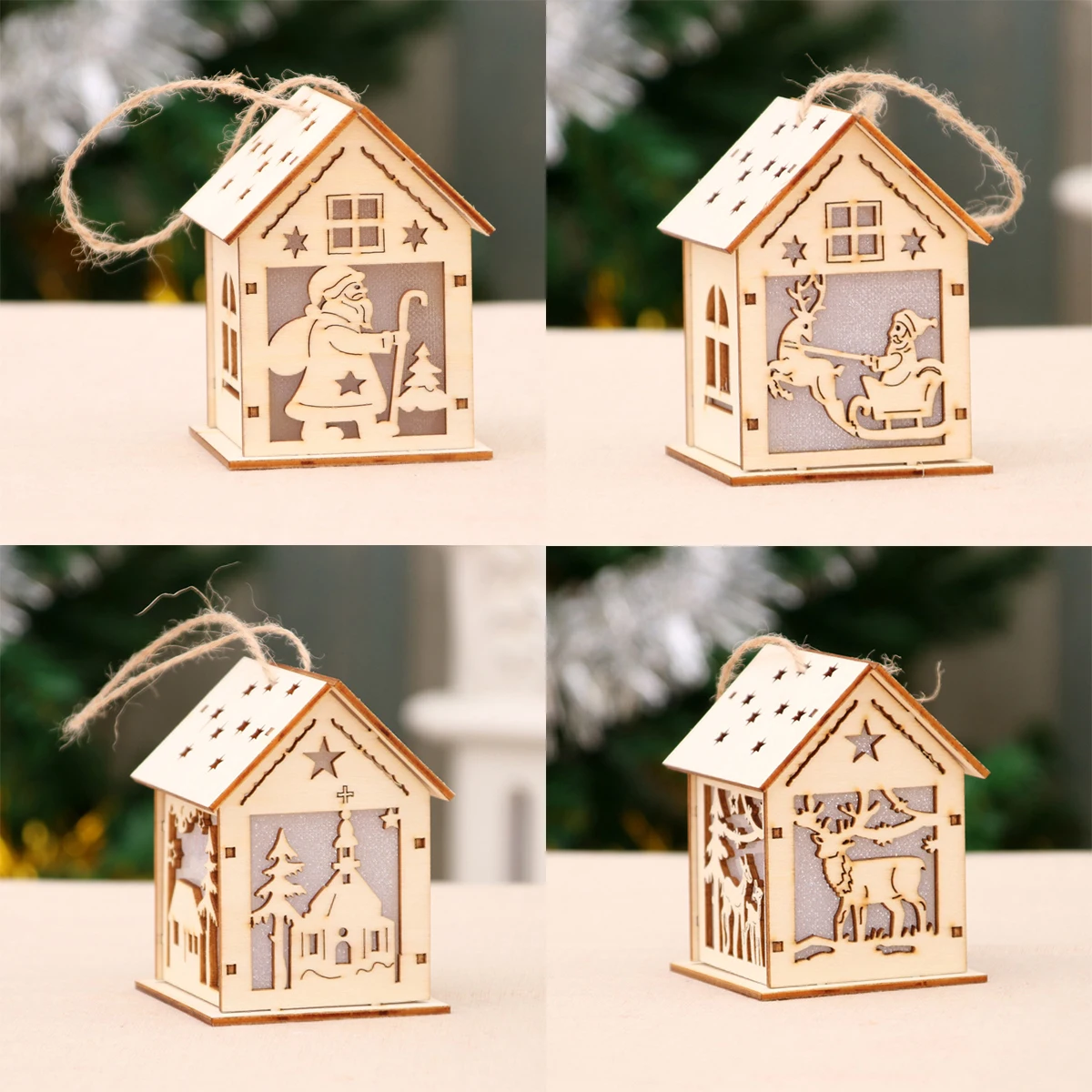 

New Fashion Christmas Festival Decoration Christmas Tree Hanging Ornaments Led Light Wood House Holiday Decor Xmas Gift