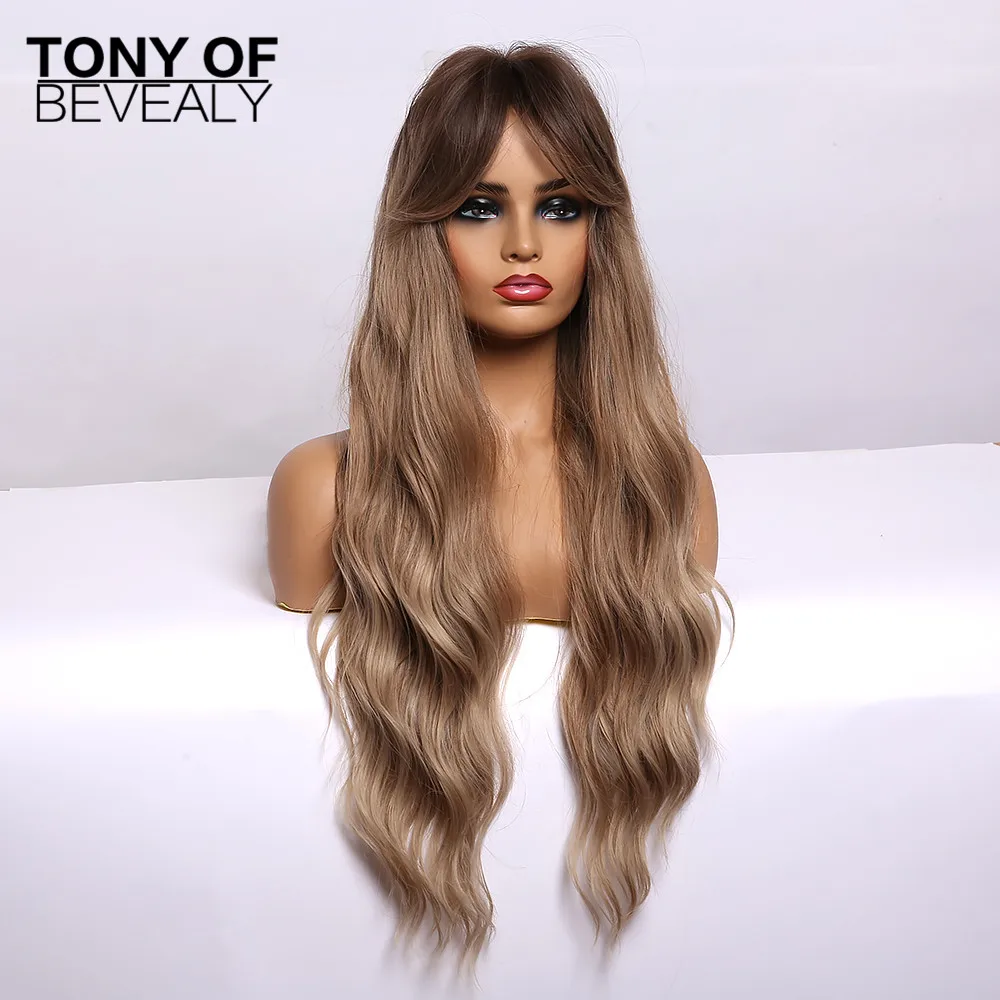 Длинные волнистые коричневые парики с эффектом омбре и челкой термостойкие