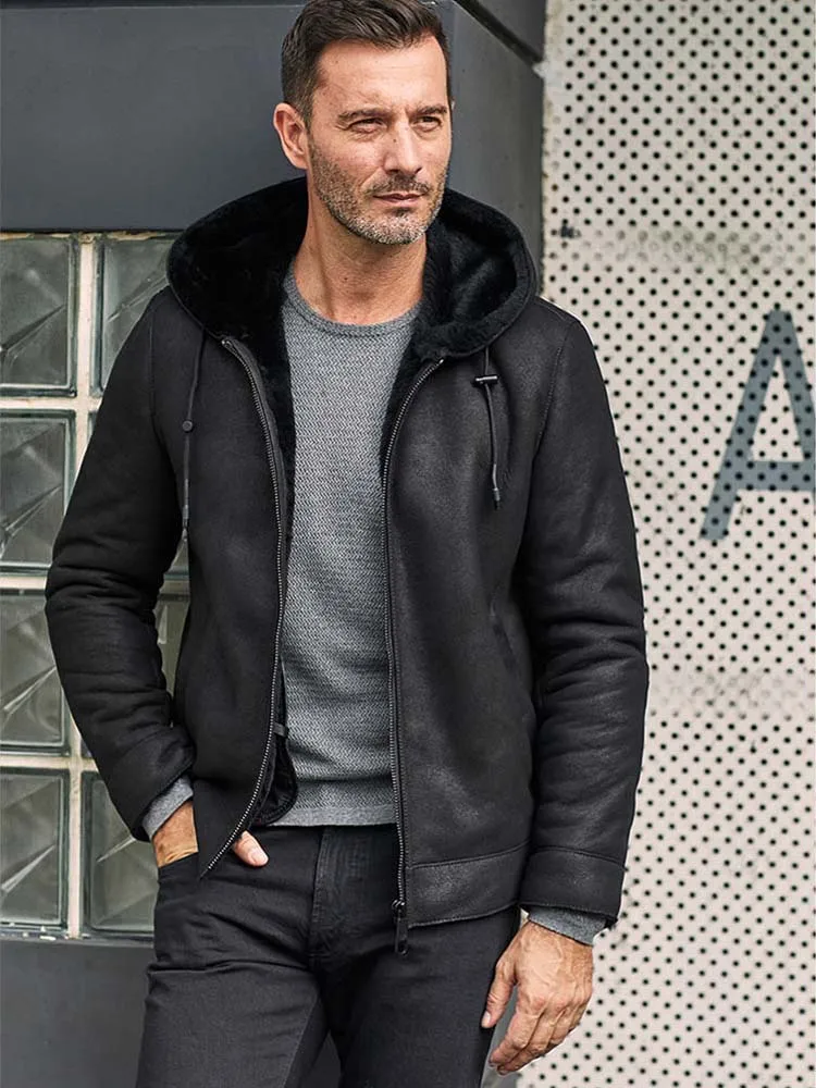 Куртка мужская короткая из овечьей шерсти черная повседневная зимняя