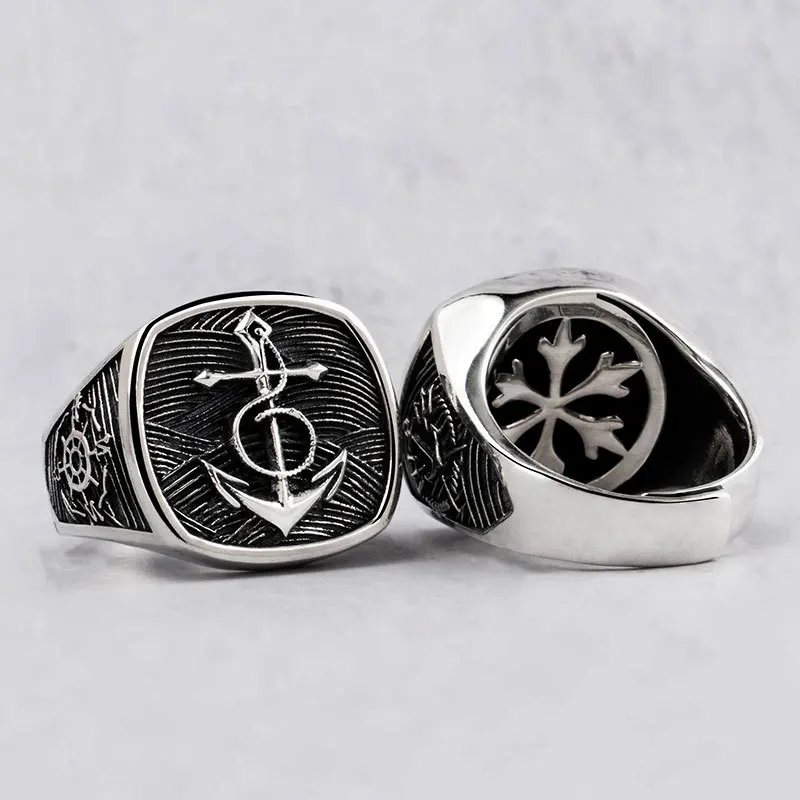 S925 silver Nordic fearless ship anchor man's ring, wide version original design personalized Navy style forefinger ring