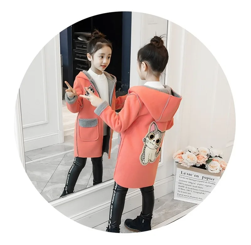

New Winter Girls Fashion Plus Velvet Thick Woolen Pink Yellow Cartoon Cat Coat