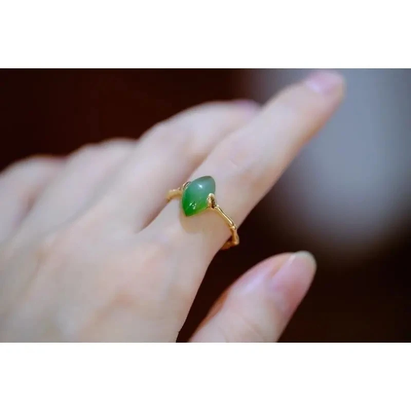 

Bamboo Ring/Rare Glass Body Full Ice Transparent Cat Eye Chalcedony Egg Surface S925 Sterling Silver Inlaid Chic All-Match