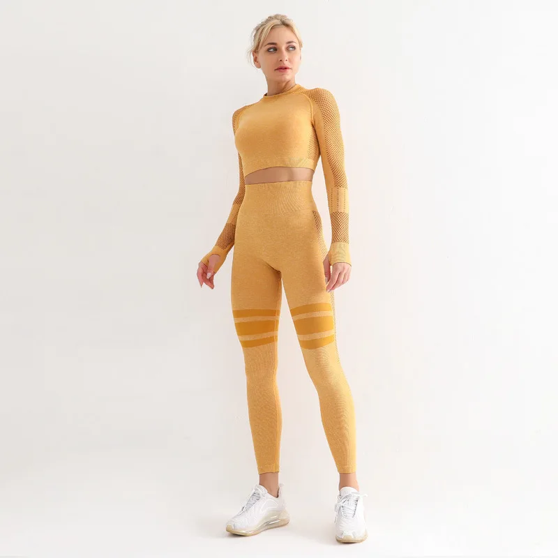 

Winter fashion style seamless yoga wear outdoor sports two-piece long-sleeved plus velvet thick pantyhose women