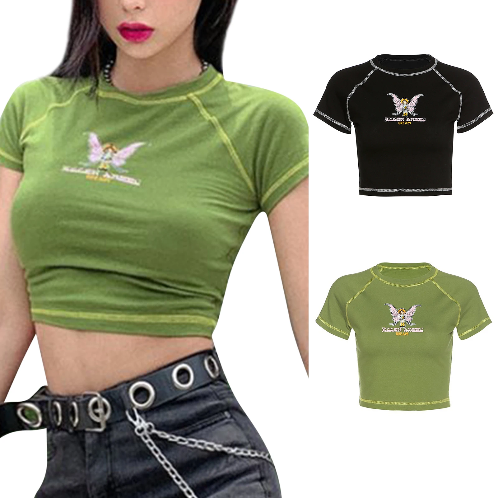 

Women Butterfly Letter Printing Y2k Fashion Short Top Round Neck Short Sleeve T-Shirt Cropped Top Slim Sexy Soft Solid Color Top