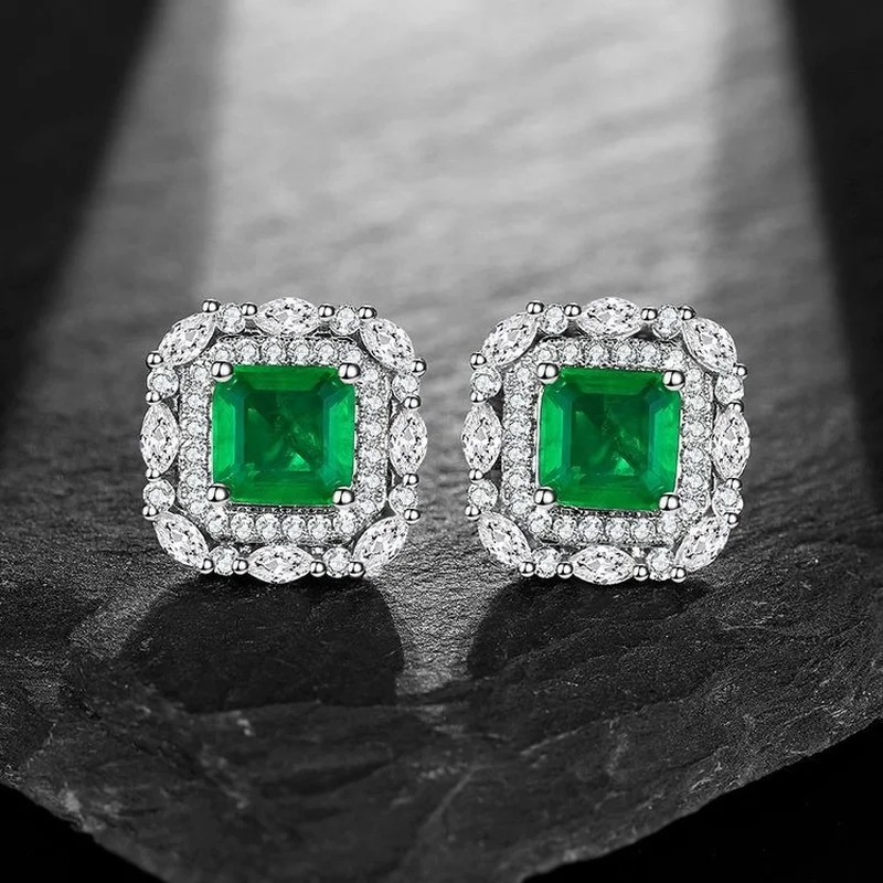 

Serenity Day 6*6MM Square Silver Plated Emerald Gemstone Stud Earrings for Women Luxury Anniversary Party Wedding Jewelry Gifts