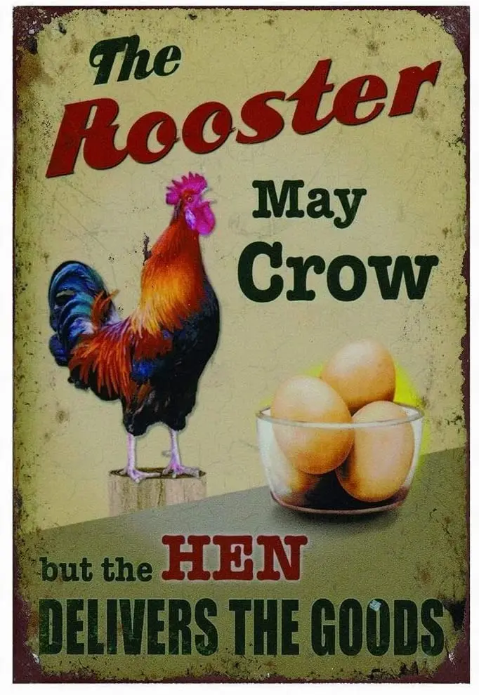 

SmartCows Vintage Tin Metal Sign 8x12 The Rooster May Crow But The Hen Delivers The Goods Retro Wall Decor