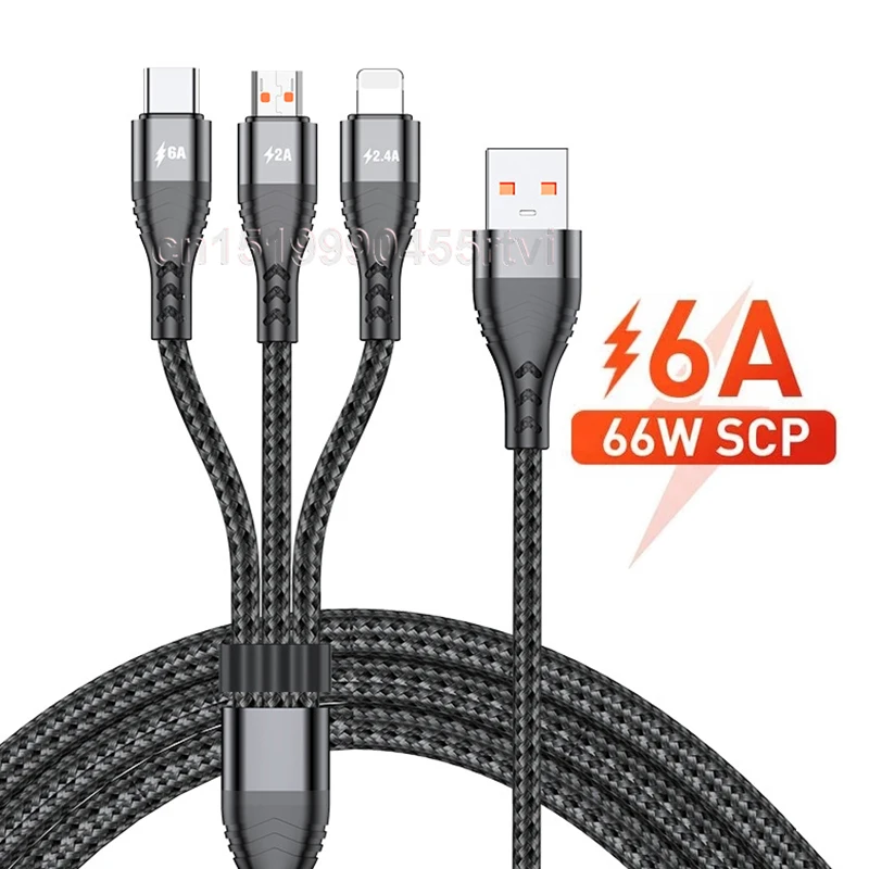 

USB-кабель 3 в 1 для iPhone 13, 12, 11, 6A, быстрая зарядка для Huawei Mate 40 Pro, быстрая зарядка, Micro USB Тип C, 3 в 1, USB-кабель