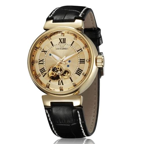 Модные мужские часы OUYAWEI с кожаным ремешком автоматические механические