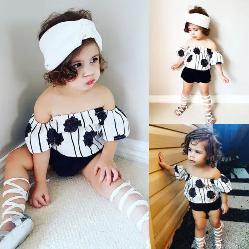 Топы в полоску для маленьких девочек блузка штаны с розами шорты летний комплект