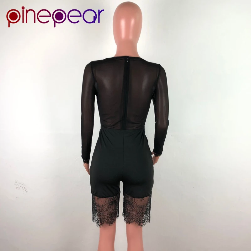 

PinePear Lace Bodysuit Long Sleeve Mesh See Through Sexy Jumpsuit Women V-Neck Bodycon Romper Black Playsuit 2020 Drop Shipping