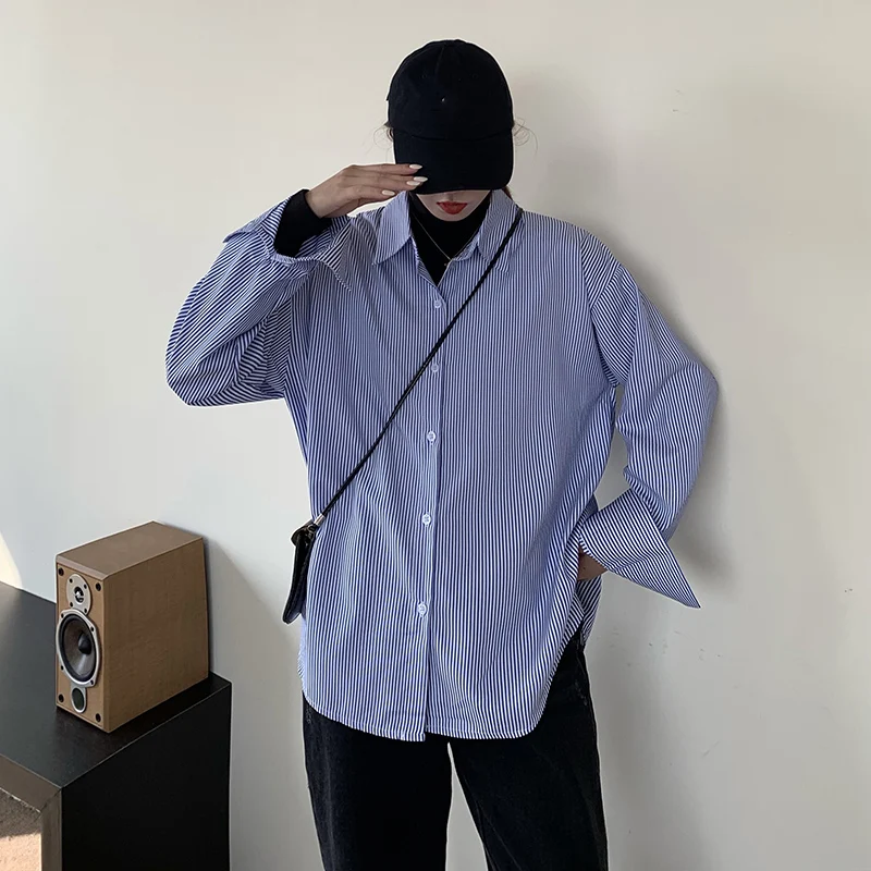 Рубашка в синюю полоску Корейском стиле женское дизайнерское нишевое свободное