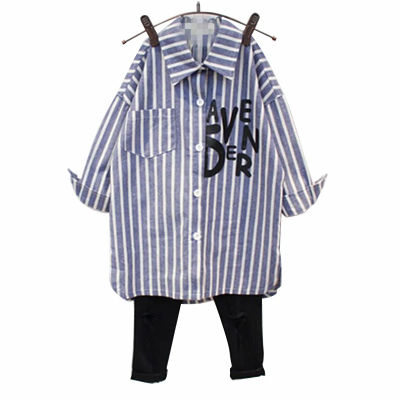 Новые рубашки для девочек и мальчиков на весну осень в Корейскую полоску длинные