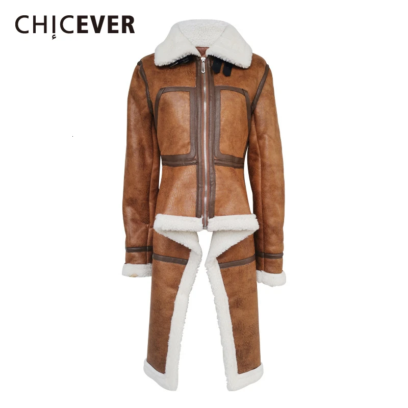 CHICEVER Лоскутные пальто из овечьей шерсти PU кожаные воротник с лацканами длинный