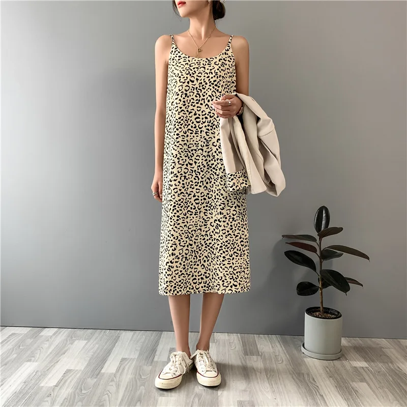 

2021 Fashion Women Summer Leopard Print Long Dress Vestidos Sleeveless Women Elegant High Quality Dress Vestidos