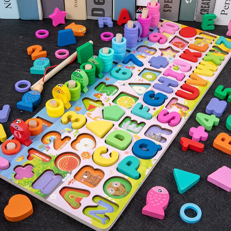 

JINLETONG Baby Wooden Montessori Educational Toys Kids Early Learning Shape Color Math Matching Log Board Fishing Puzzle