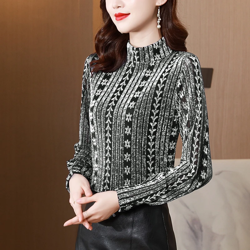 

Женская блузка с кружевным принтом, свободная рубашка для девочек, летний модный Женский Топ с длинным рукавом, повседневные женские блузы ...