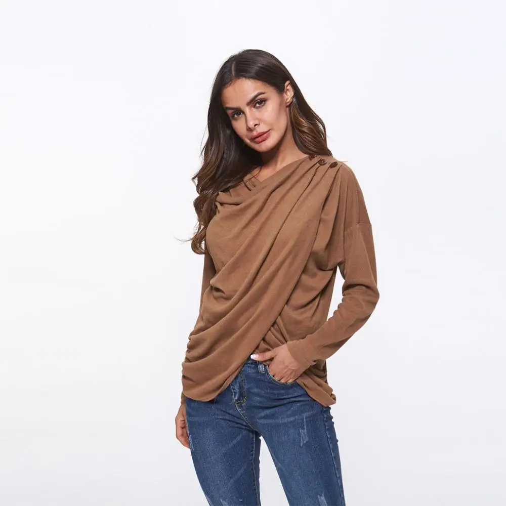 Однотонная женская футболка с отворотом уникальная плиссированная строчка