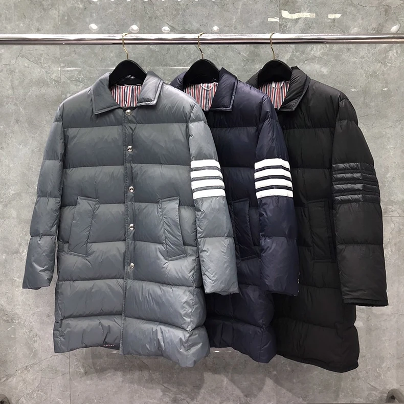 

2021 Fashion TB Brand Men Down Coats Slim Fit Formal Long Down Jacket Striped Solid Black Thick Casual Winter Clothing