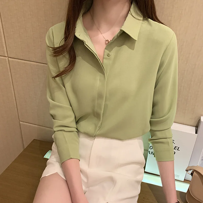 Sheer Fashion OL Office Work Shirts for Women Singer Breasted Long Sleeve Casual Blouse Ladies White Green Pink Shirt Winter