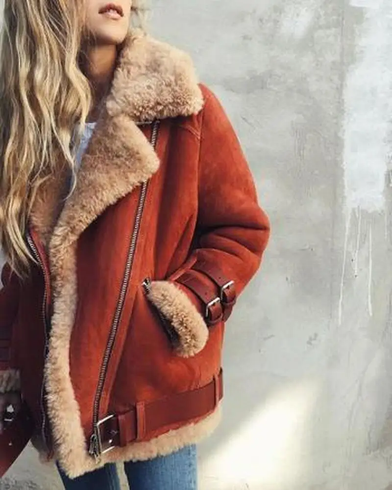 Women Faux Fur Fleece Winter Coat Outwear Warm Lapel Biker Motor Aviator Jacket Lady Deer Leather Velvet Lamb Cotton Coat Jacket