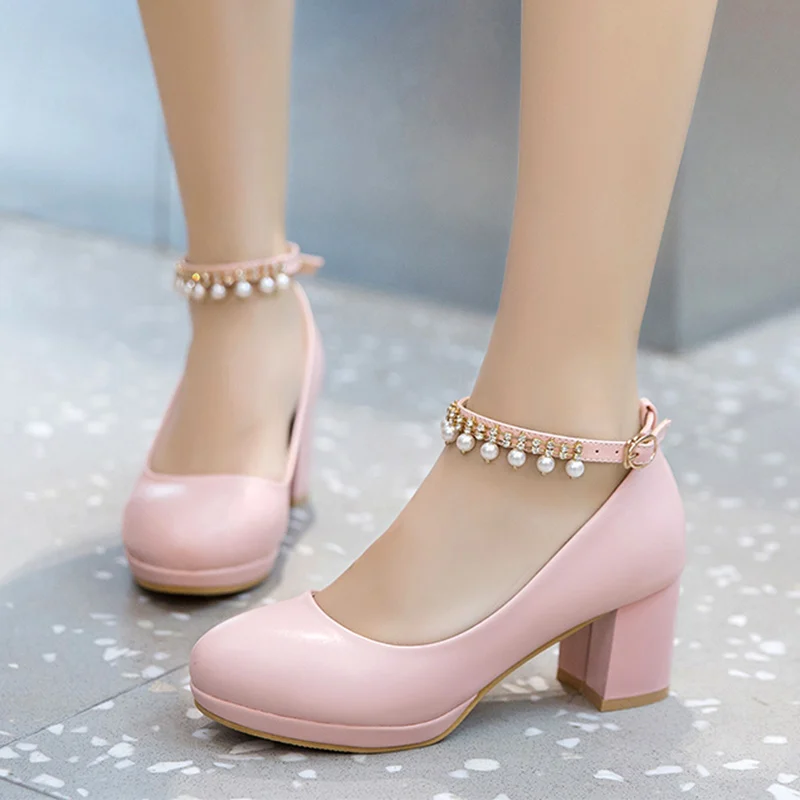 

White Women Wedding Shoes Crystal Preal Ankle Strap Bridal Shoes Woman Dress Shoes Sexy Pumps Sweet Party Shoes