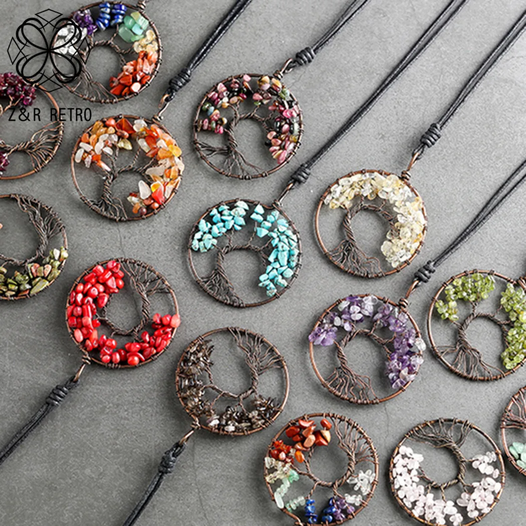 Винтажные Ювелирные изделия для женщин длинное ожерелье Древо жизни каменные