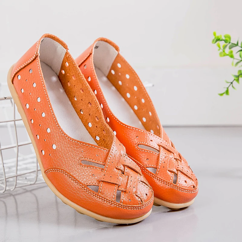 

Women Flat Fashion Genuine Leather Shoes Woman Hollow Out Loafers Mother Summer Sandals Women Shoes Ladies Shoes